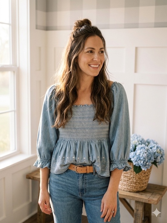 American Age Tops - Cotton Light Blue Smocked Peasant Top Large